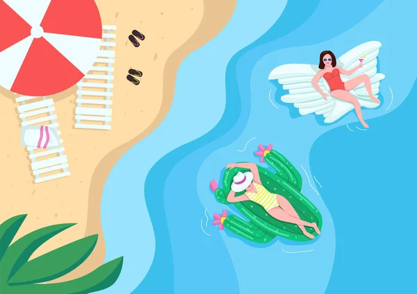 Donne Che Riposano Sulla Spiaggia Sabbiosa Illustrazione Vettoriale Colori Piatte — Vettoriale Stock