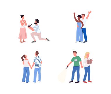 Birkaç tane düz renkli, yüzsüz karakter seti. Adam elmas yüzüklü kadına evlenme teklif ediyor. Web grafik tasarımı ve animasyon koleksiyonu için çift zaman izole çizgi film illüstrasyonu