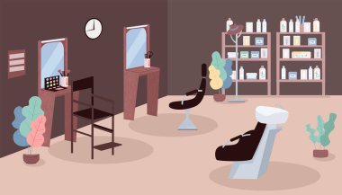 Güzellik salonu düz renk vektör çizimi. Kuaför ve makyaj stüdyosu. Saç şekillendirme. Lüks salon. Kozmetik tedavi. Güzellik salonu 2D karikatür iç mimarisi ve mobilya arka planda