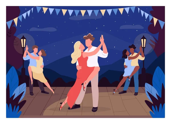 人々はステージフラットカラーベクトルイラストで踊ります 夫婦はタンゴを演奏する 夜のエンターテイメントプログラム 楽しいデート活動 夜の風景を背景にしたダンサーの2D漫画のキャラクター — ストックベクタ