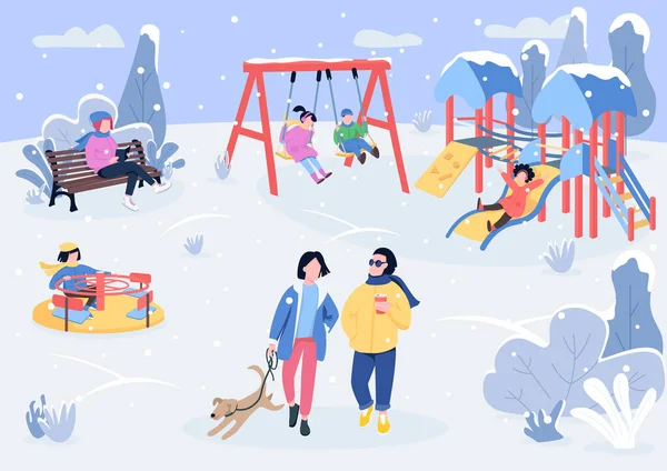 Winterspielpark Mit Besuchern Flache Farbvektorillustration Die Menschen Verbringen Ihre Freizeit — Stockvektor