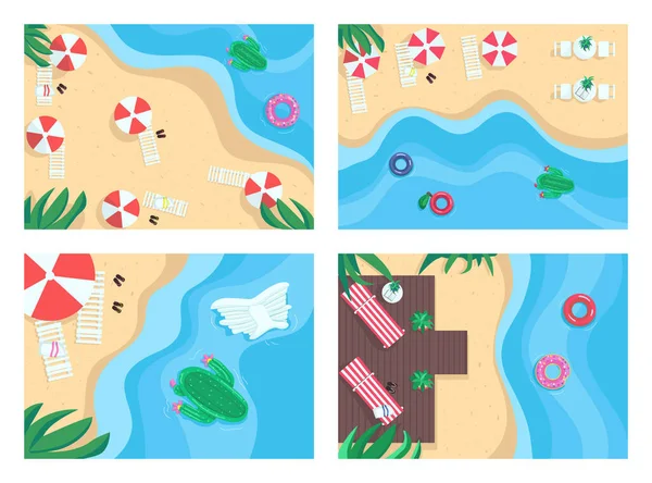 沙滩滩平面彩色矢量图集 热带假日 夏季娱乐场所 充气和海滩阳伞 背景资料收集中带有自然色彩的2D卡通景观 — 图库矢量图片