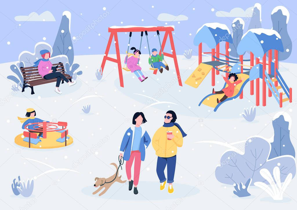 Winter Playpark With Visitors Flat Color Vector Illustration People Spending Leisure Time On Winter Holiday Children Recreation Area Covered With Snow 2d Cartoon Characters With Trees On Background Premium Vector In