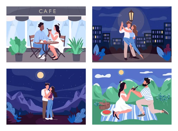 Romantic activity flat color vector illustration set — Stock Vector