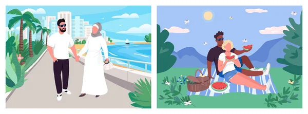 Summer couple recreation flat color vector illustration set
