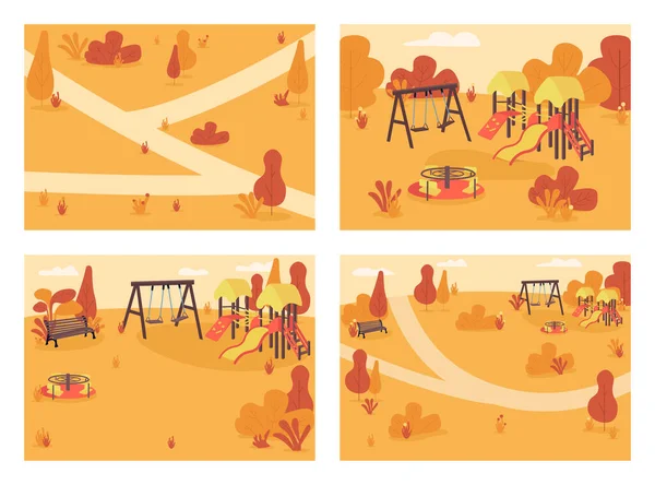 Openbaar park in de herfst tijd vlakke kleur vector illustratie set — Stockvector