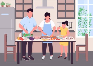 Aile birlikte düz renk vektör çizimi yapıyor. Çocuklu ebeveyn yemek hazırlar. Çocuk, anne ve babasına yardım etmek için sebze dilimliyor. Arka planda evin içi olan göreceli 2D çizgi film karakterleri