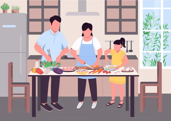 家庭烹饪一起平面彩色矢量插图 父母和孩子一起做饭 孩子们种植蔬菜来帮助爸爸妈妈 背景为家庭内部的二维相对卡通人物 — 图库矢量图片