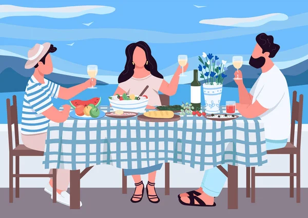 Greek holiday for friends flat color vector illustration. People eat together meal in Greece. Man and woman drink wine on holiday. Relatives 2D cartoon characters with landscape on background