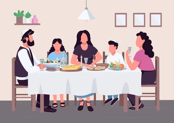 Judisk Familj Måltid Platt Färg Vektor Illustration Föräldrar Med Barn — Stock vektor