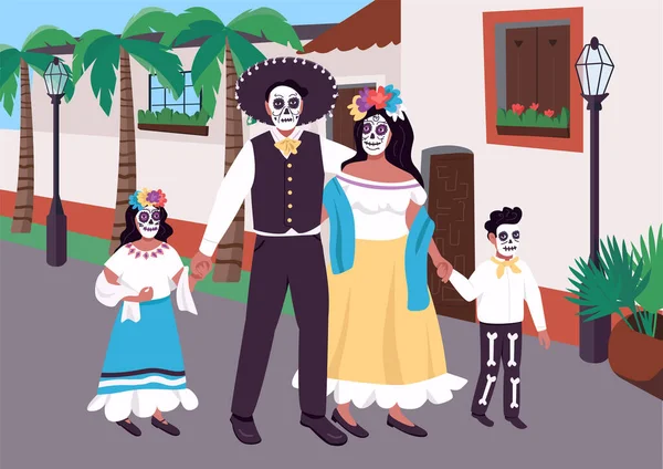 Familia Mexicana Carnaval Ilustración Vectorial Color Plano Trajes Nacionales Vacaciones — Archivo Imágenes Vectoriales