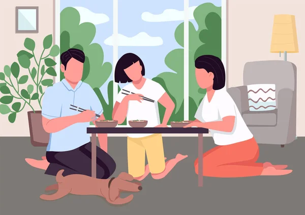 Aziatisch Familie Diner Platte Kleur Vector Illustratie Ouders Met Kind — Stockvector