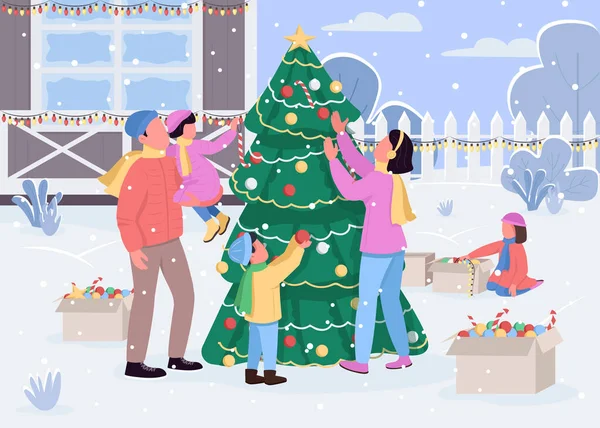 Rodina Zdobí Vánoční Strom Ploché Barvy Vektorové Ilustrace Novoroční Aktivita — Stockový vektor