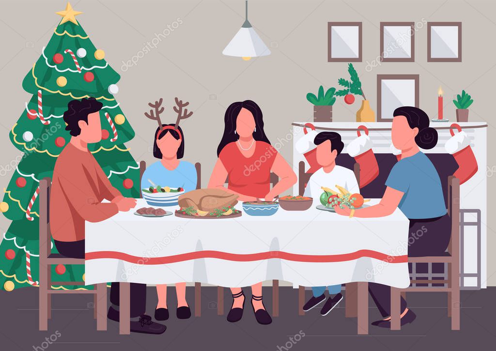 Christmas family dinner flat color vector illustration. New Year evening banquet. Christmas tree and stockings. Parents and kids 2D cartoon characters with festive decorated interior on background