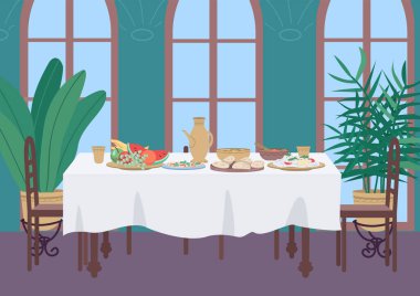 Hint yemeği düz renk vektör illüstrasyonunda. Ramazan yemeği. Geleneksel yemek. Öğle ve kahvaltı için yemek ve tabaklar. Lüks 2D karikatür iç mimarisi arka planda gür ev bitkileri