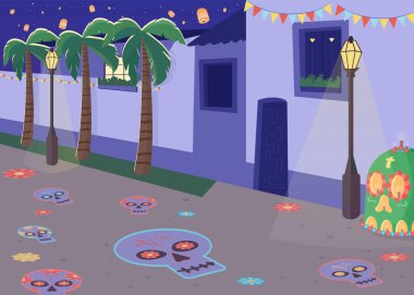 Ölü dekorasyon festivali düz renk vektör çizimi. Geleneksel İspanyol geleneği. Ölüm Karnavalı. Geceyarısı Meksikaca 2D karikatür şehir manzarası. Arka planda dış mekan ve palmiye ağaçları var.