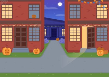 Cadılar Bayramı düz renk vektör çizimi. Şehirde ulusal bir etkinlik. Bunting ve çelenkli binalar. Geleneksel gece yarısı 2D karikatür şehir manzarası ve arka planda dekore edilmiş evler
