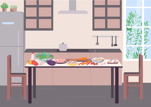 Meja Dapur Untuk Memasak Ilustrasi Vektor Warna Datar Bahan Makanan - Stok Vektor
