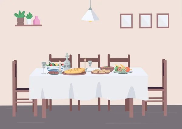 Традиционный Ужин Дома Плоской Цветовой Иллюстрацией Обед Столом Стулом Доме — стоковый вектор