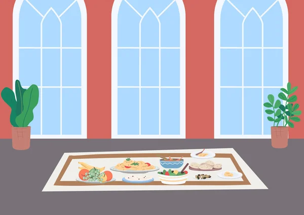 Musulmana Tradicional Cena Plana Vector Color Ilustración Comer Mantel Suelo — Archivo Imágenes Vectoriales