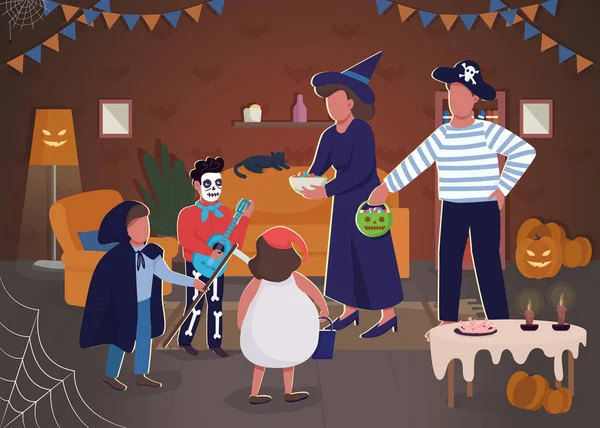 Полуплоская Векторная Иллюстрация Празднования Хэллоуина Родители Играют Детьми Кошелек Жизнь — стоковый вектор