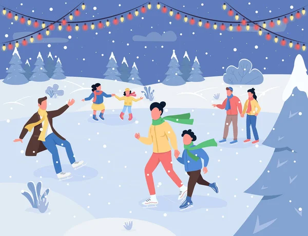 クリスマスアイスリンク半フラットベクトルイラスト 子供と大人のスケート 新年の装飾のためのガーランド 伝統的な休日の活動 商業用家庭用2D漫画のキャラクター — ストックベクタ