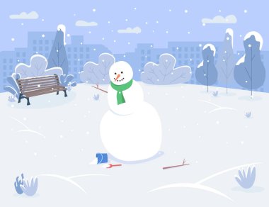 Şehir parkında yarı düz vektör çizimi yapan bir kardan adam. Aile aktiviteleri için kış tatili eğlencesi. Kar yağışı olan şehir bahçesi. Kış sahnesi. Soğuk sezon 2B karikatür şehri ticari kullanım için