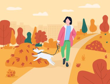 Kadın yarı düz vektör illüstrasyonuyla yürüyor. Şehir parkında sonbahar tatili. Şehir bahçesinde tasmalı bir köpek. Ticari kullanım için kadın hayvan sahibi 2D çizgi film karakterleri