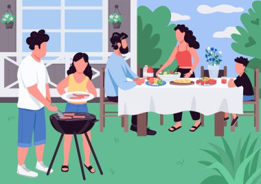 Barbekü düz renk vektör çizimi. BBQ evin arka bahçesinde. Ebeveynler ve çocuklar için barbekü. Tatil aktivitesi. Kafkas ailesi, arka planda manzara olan 2D çizgi film karakterleri