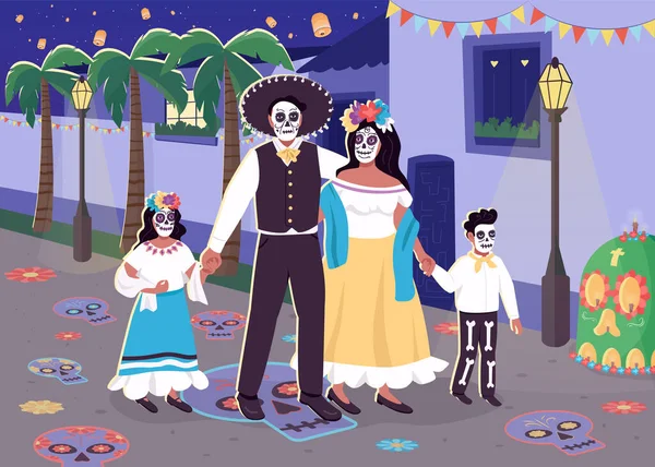 死んだフラットカラーベクトルイラストのカーニバル 子供連れの両親は伝統的なスペインの休日を祝う 背景に夜の街並みを持つ2次元漫画のキャラクターの衣装でメキシコの家族 — ストックベクタ