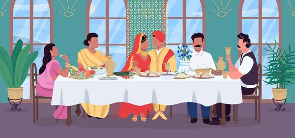 Indische Hochzeit Flache Farbvektorillustration Bräutigam Und Braut Festlichen Tisch Traditionelles — Stockvektor