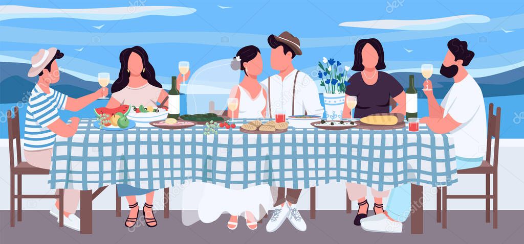 Greek wedding flat color vector illustration. Groom and bride at table with friends. Banquet for festive dinner. Celebrate together. Relative 2D cartoon characters with landscape on background