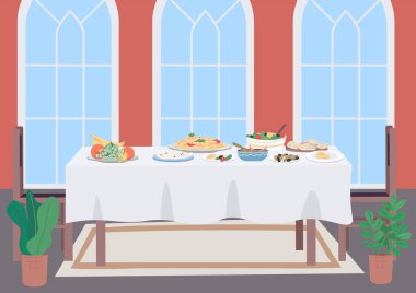 Lüks yemek masası düz renk vektör çizimi. Geleneksel aile yemeği için oturma odası. Ulusal aşçılık. Yemek ve içeceklerle dolu tabaklar. Mobilya 2D karikatür nesnesi arkaplanda