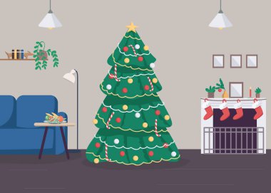 Noel 'de evde düz renk vektör çizimi. Evde yeni yıl kutlaması. Geleneksel aile tatili. Noel ağacı 2D karikatür nesnesi ve arka planda şenlik dekorasyonu
