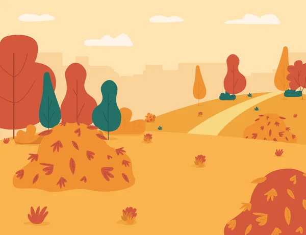Осенний Сад Полуплоский Векторный Рисунок Городской Парк Кучей Листьев Игры — стоковый вектор