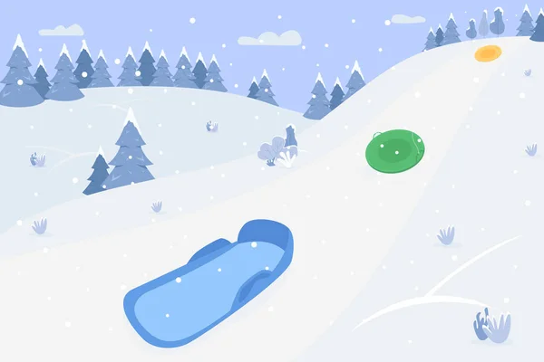 Colinas Nieve Con Trineos Semi Plano Vector Ilustración Paisaje Invierno — Vector de stock