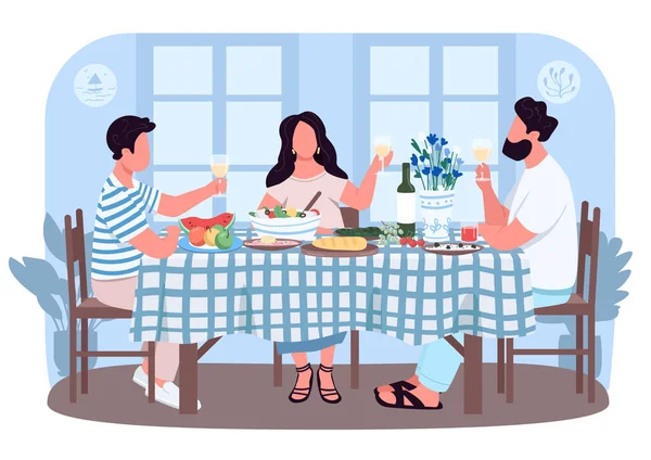 朋友希腊晚餐2D矢量网页横幅 人们围坐在桌旁喝酒 卡通片背景下的家庭平面人物 传统的希腊午餐可打印补丁 五彩缤纷的网络元素 — 图库矢量图片