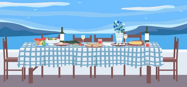 希腊晚餐平面彩色矢量插图 与国菜同桌 希腊传统烹饪 用于娱乐和度假 背景为海景的节日家具2D卡通物品 — 图库矢量图片