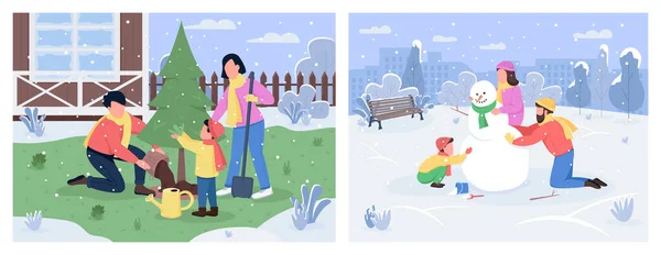 Familia Invierno Actividad Semi Plana Vector Ilustración Conjunto Plantación Árboles — Archivo Imágenes Vectoriales