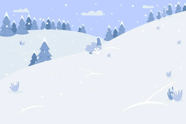 雪山半平缓的矢量图解 极限运动的冬季度假胜地 有树木和小山的地方传统假日的降雪 供商业用途的冷季节2D卡通景观 — 图库矢量图片