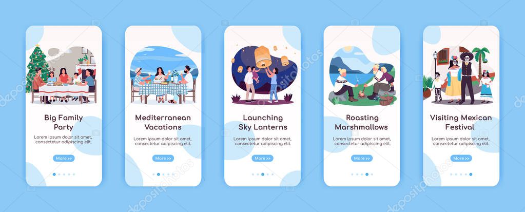 Quality family time onboarding mobile app screen flat vector template. Recreational activity. Walkthrough website steps with characters. UX, UI, GUI smartphone cartoon interface, case prints set