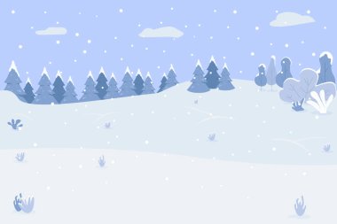 Snow Hills yarı düz vektör çizimi. Kış manzarası. Ağaçları olan ve dinlenmek için açıklığı olan bir yer. Geleneksel tatilde kar yağışı. Soğuk sezon 2B karikatür manzarası ticari kullanım için