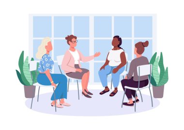 Modern çağın feministleri terapi düz renk vektörü yüzsüz karakterler. Akıl sağlığı hizmetleri. Psikoterapist kadın müşterilerle çalışıyor. Web grafik tasarımı ve animasyonu için karikatür çizimleri izole edilmiş.