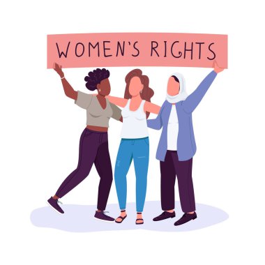 Kadınlar düz renk vektörlü yüzsüz karakterlere hak verir. Kızların gücü. Ayrımcılıktan uzak. Cinsiyet eşitliği için mücadele web grafik tasarımı ve animasyonu için izole edilmiş çizgi film çizimi