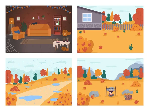 Val Vakantie Scene Semi Vlakke Vector Illustratie Set Halloween Huisdecoratie — Stockvector