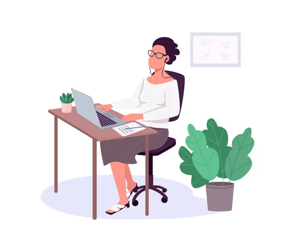 Woman Working Laptop Flat Color Vector Faceless Character Female Office — Stock Vector