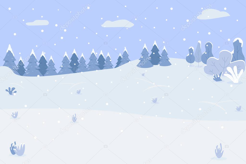 Snow hills semi flat vector illustration. Winter scenery. Place with trees and clearings for recreation. Snowfall on traditional holiday. Cold season 2D cartoon landscape for commercial use