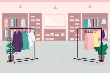 Clothes emporium flat color vector illustration. Department store. Shopping mall. Cloth boutique. Fashion store 2D cartoon interior with clothes shelves, hangers, mirror on background clipart