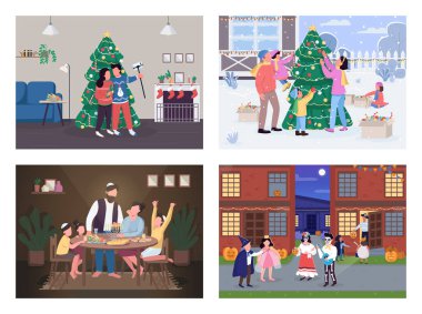 Geleneksel bayram kutlaması düz renk vektör çizimi seti. Hanuka 'daki Yahudiler. Noel günü. Aile 2D çizgi film karakterleri arkaplan koleksiyonunda ev içi karakterler