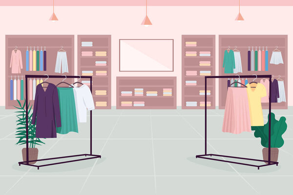 Clothes emporium flat color vector illustration. Department store. Shopping mall. Cloth boutique. Fashion store 2D cartoon interior with clothes shelves, hangers, mirror on background